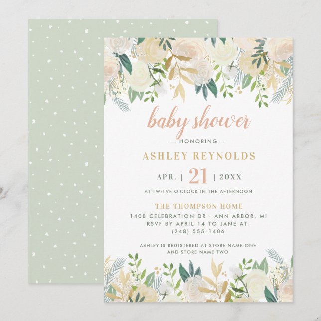 Elegant Sage Green Cream Floral Baby Shower Invitation (Front/Back)