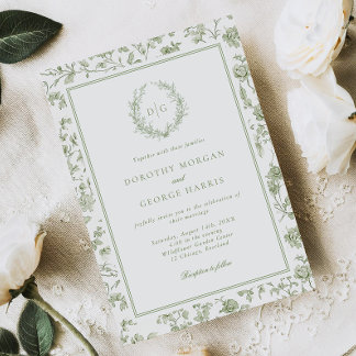 Elegant Sage Green Crest Chinoiserie Wedding Invitation