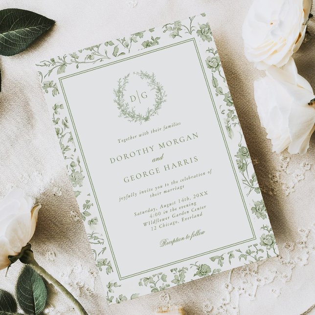 Elegant Sage Green Crest Chinoiserie Wedding Invitation (Creator Uploaded)