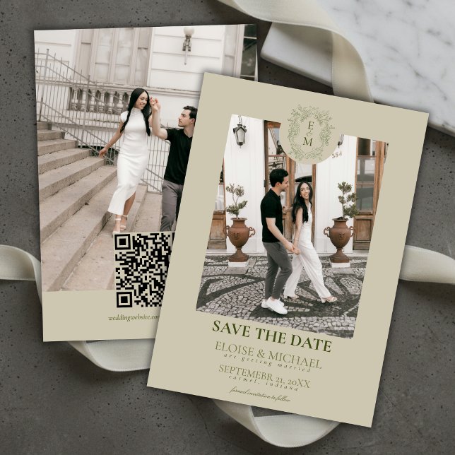 Elegant Sage Green Crest Monogram Save The Date  Invitation (Elegant Sage Green Crest Monogram Save The Date Invitation)