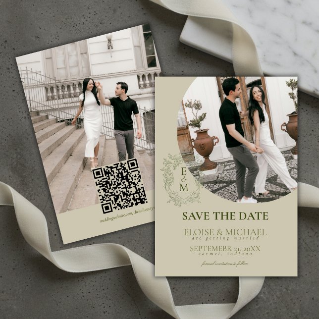 Elegant Sage Green Crest Monogram Save The Date  Invitation (Elegant Sage Green Crest Monogram Save The Date Invitation)