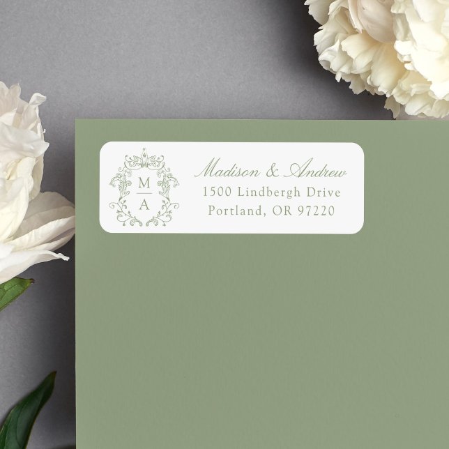 Elegant Sage Green Crest Monogram Wedding Address Label (Creator Uploaded)