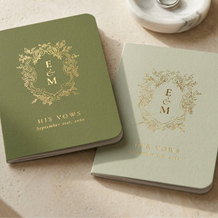 Elegant Sage Green Crest Monogram Wedding Foil Vow Books