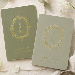 Elegant Sage Green Crest Monogram Wedding Foil Vow Books