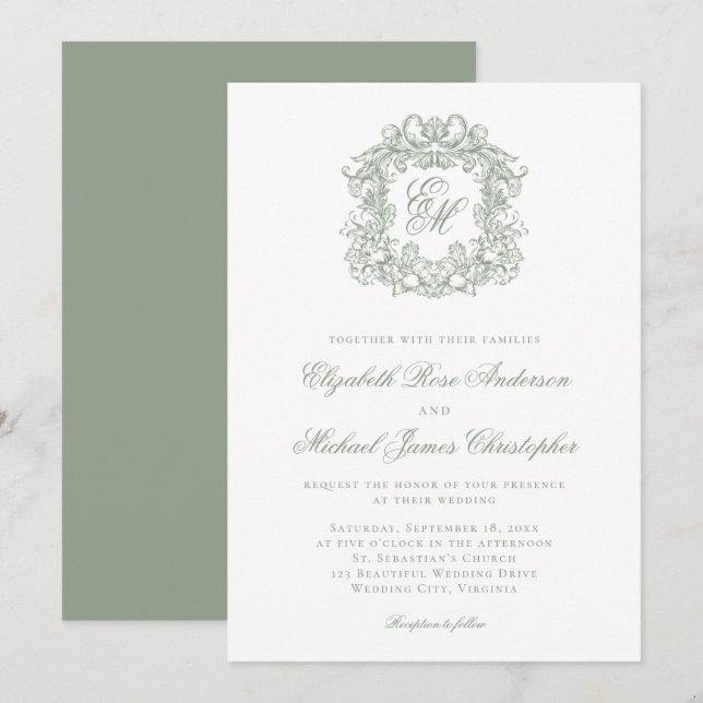 Elegant Sage Green Crest Monogram Wedding Invitation (Front/Back)