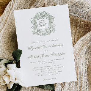 Elegant Sage Green Crest Monogram Wedding Invitation