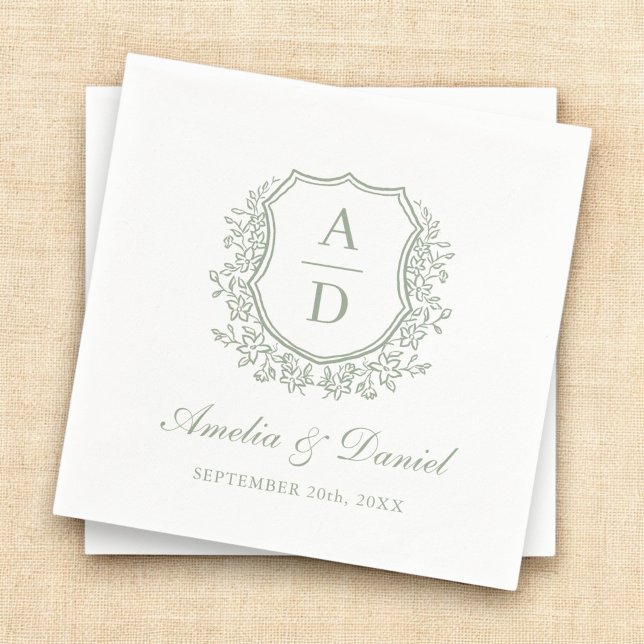 Elegant Sage Green Crest Monogram Wedding  Napkins (Creator Uploaded)