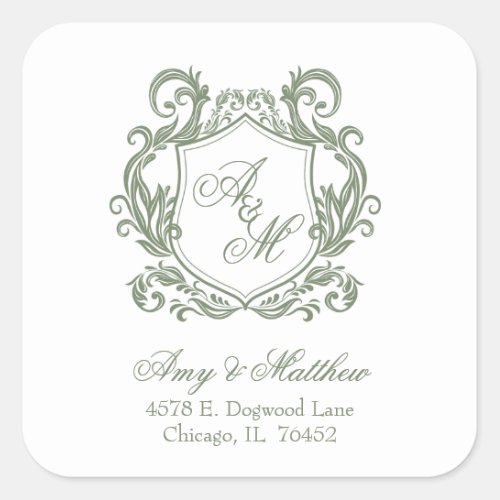 Elegant Sage Green Crest Wedding Return Address Square Sticker