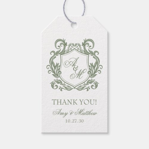 Elegant Sage Green Crest Wedding Thank You Gift Tags