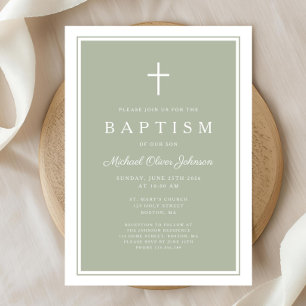 Elegant Sage Green Cross Baby Boy Baptism Invitation