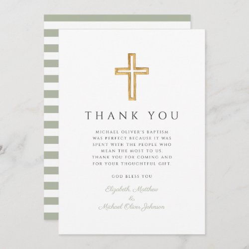 Elegant Sage Green Cross Baptism Thank You Card