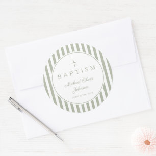 Elegant Sage Green Cross Boy Baptism Classic Round Sticker