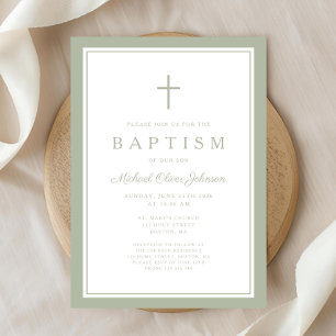 Elegant Sage Green Cross Boy Baptism Invitation