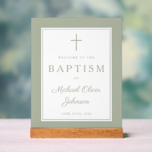 Elegant Sage Green Cross Boy Baptism Welcome Acrylic Sign