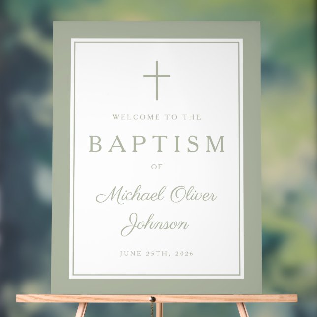 Elegant Sage Green Cross Boy Baptism Welcome Acrylic Sign (Neutral)