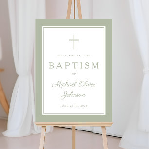 Elegant Sage Green Cross Boy Baptism Welcome Foam Board