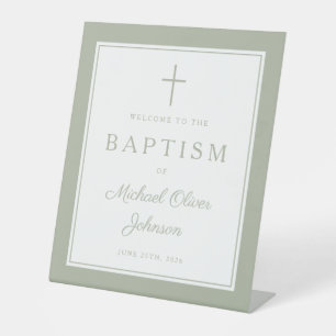 Elegant Sage Green Cross Boy Baptism Welcome Pedestal Sign