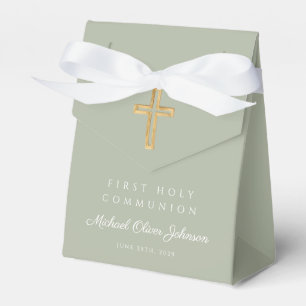 Elegant Sage Green Cross Boy First Communion Favor Boxes