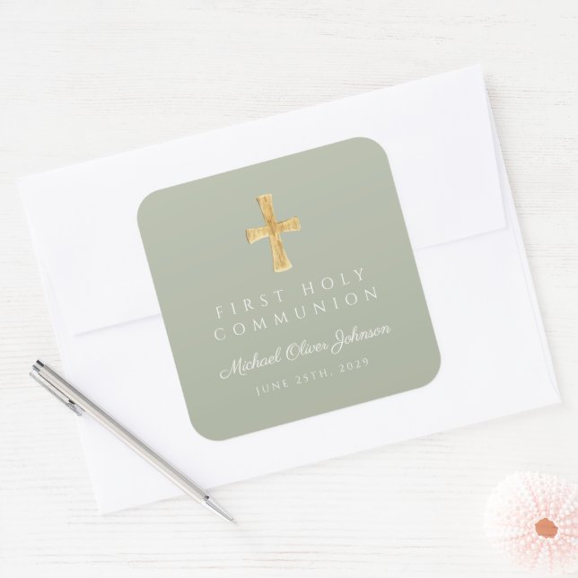 Elegant Sage Green Cross Boy First Communion  Square Sticker (Envelope)