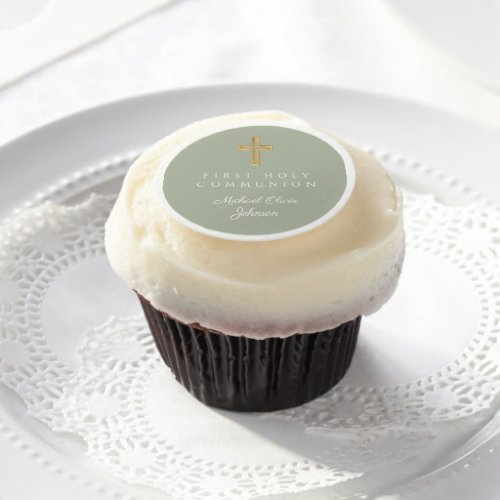 Elegant Sage Green Cross First Communion   Edible Frosting Rounds