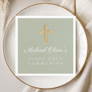 Elegant Sage Green Cross First Communion Napkins