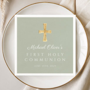 Elegant Sage Green Cross First Communion Napkins