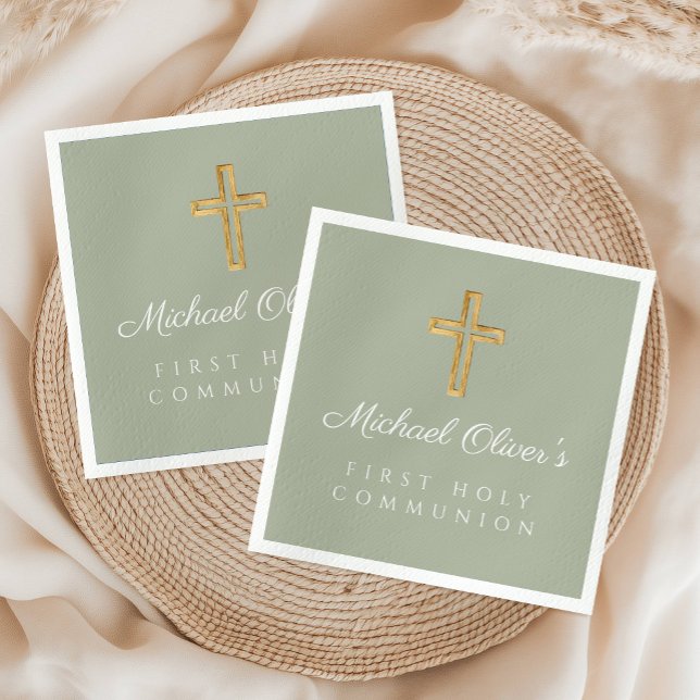 Elegant Sage Green Cross First Communion Napkins (Elegant Sage Green Cross First Communion Napkins)