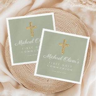 Elegant Sage Green Cross First Communion Napkins