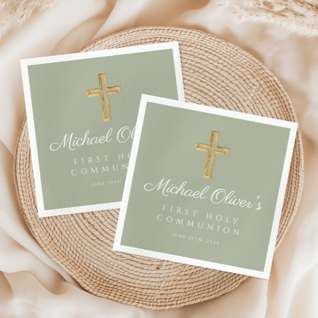 Elegant Sage Green Cross First Communion Napkins (Elegant Sage Green Cross First Communion Napkins)