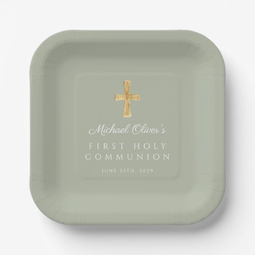 Elegant Sage Green Cross First Communion Paper Plates