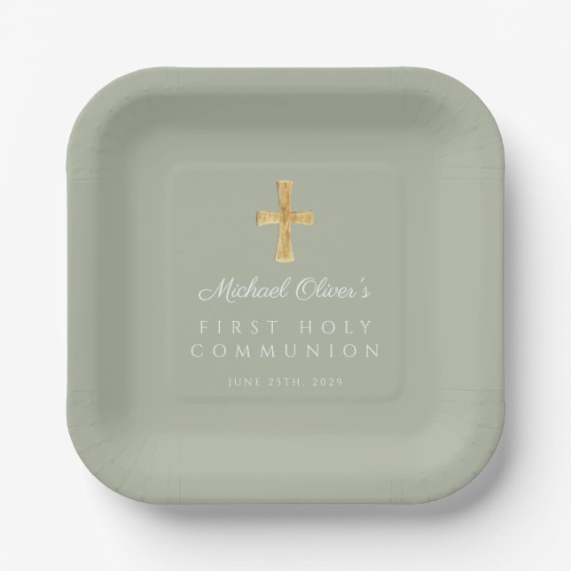 Elegant Sage Green Cross First Communion Paper Plates (Front)
