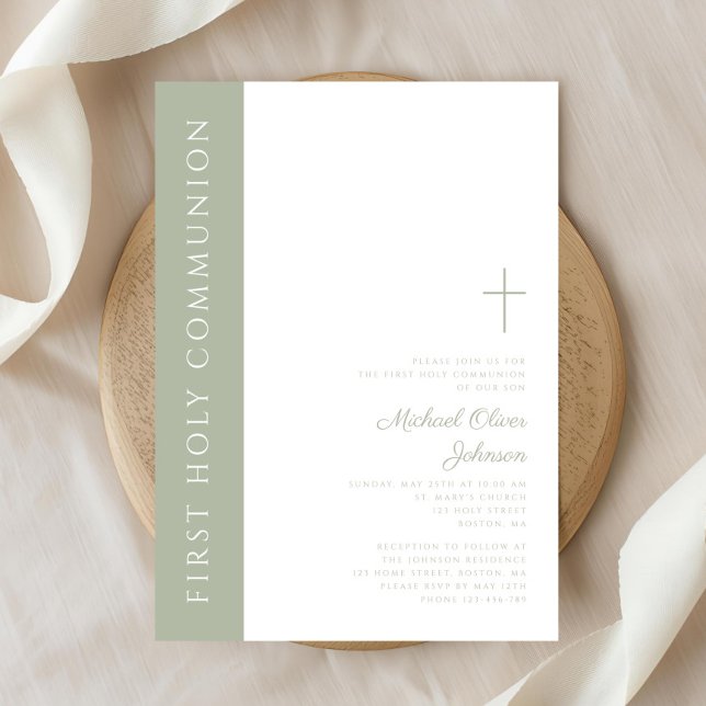 Elegant Sage Green Cross First Holy Communion Invitation (Elegant Sage Green Cross First Holy Communion Invitation)