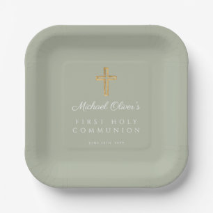 Elegant Sage Green Cross First Holy Communion Paper Plates