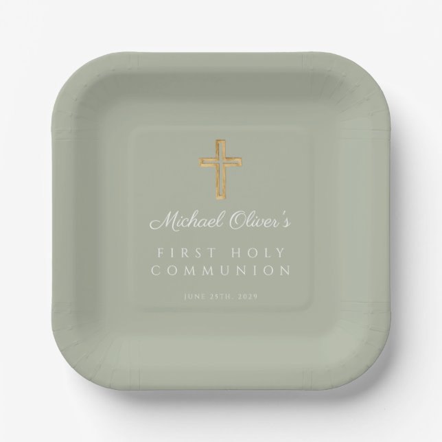 Elegant Sage Green Cross First Holy Communion Paper Plates (Front)