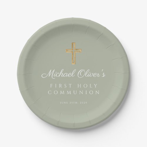 Elegant Sage Green Cross First Holy Communion Paper Plates