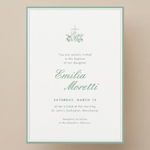 Elegant Sage Green Cross Olive Initial Baptism Invitation