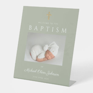 Elegant Sage Green Cross Photo Boy Baptism Welcome Pedestal Sign