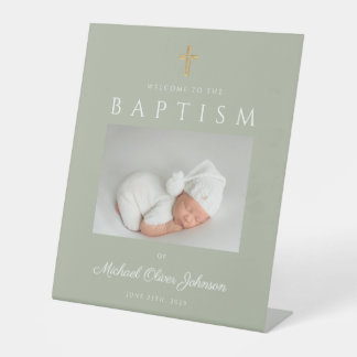 Elegant Sage Green Cross Photo Boy Baptism Welcome Pedestal Sign