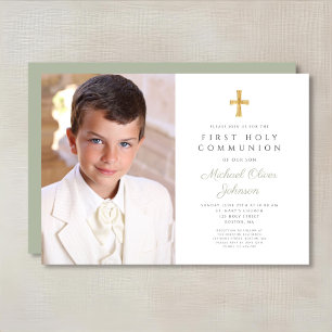 Elegant Sage Green Cross Photo Boy First Communion Invitation