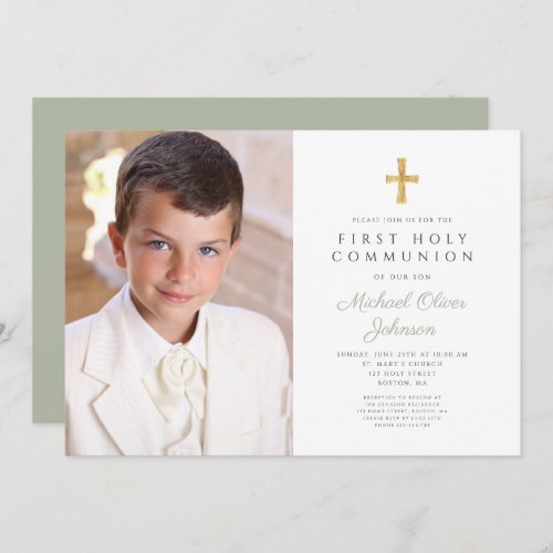 Elegant Sage Green Cross Photo Boy First Communion Invitation