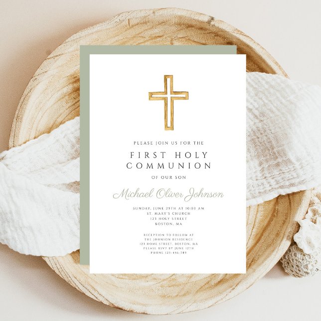 Elegant Sage Green Cross Religious First Communion Invitation (Elegant Sage Green Cross Religious First Communion Invitation)
