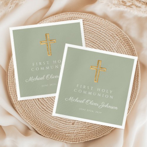 Elegant Sage Green Cross Religious First Communion