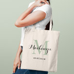 Elegant Sage Green Custom Wedding Bridesmaid Name Tote Bag<br><div class="desc">Elegant custom wedding tote bag features a personalized monogram typography design with modern calligraphy script name and serif monogram initial in laurel sage green and black colors. Includes custom text for a bridal party title like "BRIDESMAID" or other preferred wording.</div>