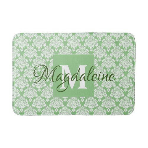 Elegant Sage Green Damask Lace Monogram  Name Bath Mat