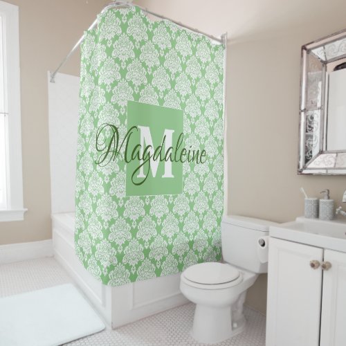 Elegant Sage Green Damask Monogram and Name Shower Curtain