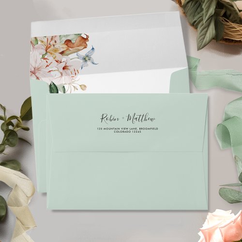 Elegant Sage Green Earthy Blooms Floral Wedding Envelope