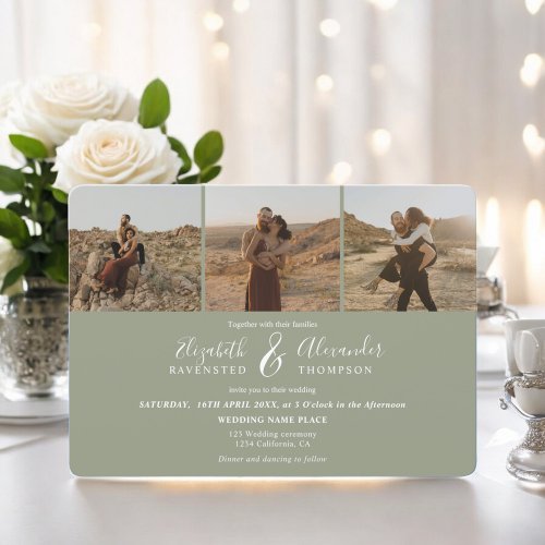 Elegant sage green Elegant 4 Photos script wedding Invitation