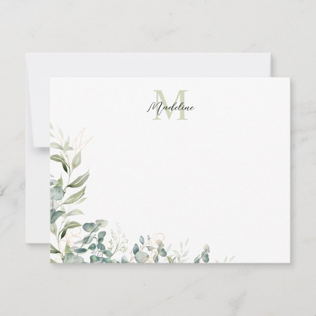 Elegant Sage Green Eucalyptus Botanical Monogram Note Card (Front)