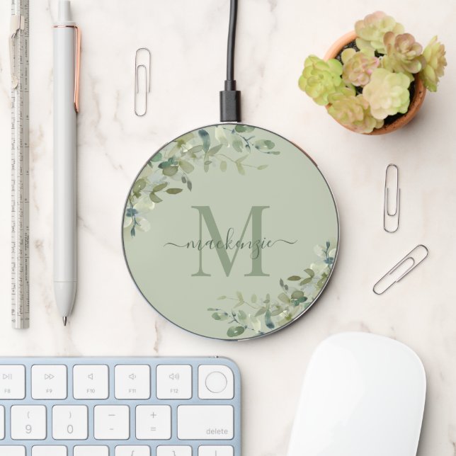 Elegant Sage Green Eucalyptus Botanical Monogram Wireless Charger (Desk)