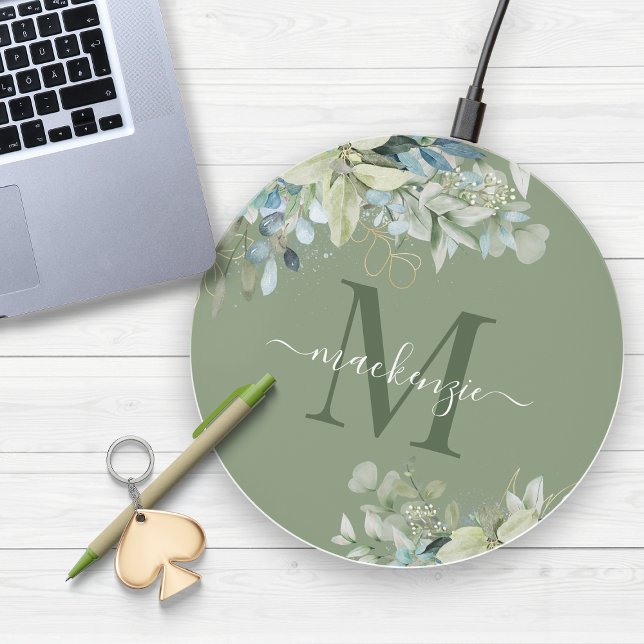 Elegant Sage Green Eucalyptus Floral Wireless Charger (Creator Uploaded)